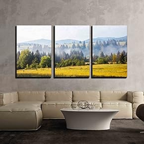 3 Piece Canvas Wall Art - Fantastic Day with Fresh Blooming Hills in Warm Sunlight - Modern Home Art Stretched and Framed Ready to Hang - 16"x24"x3 Panels