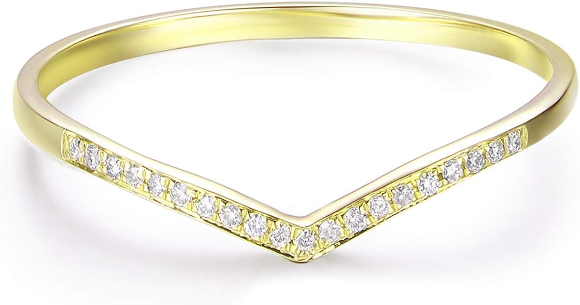 HAFEEZ CENTER 14k Solid Gold V Shape Curved Chevron Moissanite Wedding Band, G-H Color, VVS1-VVS2, Ideal Cut, 0.05ct: Jewelry