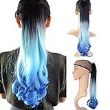 Beauty Angelbella 22'' Curly - Dip - dye Color Three Tone Ponytail Drawstring Wrap&Clip in Synthetic Hair Extensions Hairpiece for Party (Black-Light blue-Dark blue)
