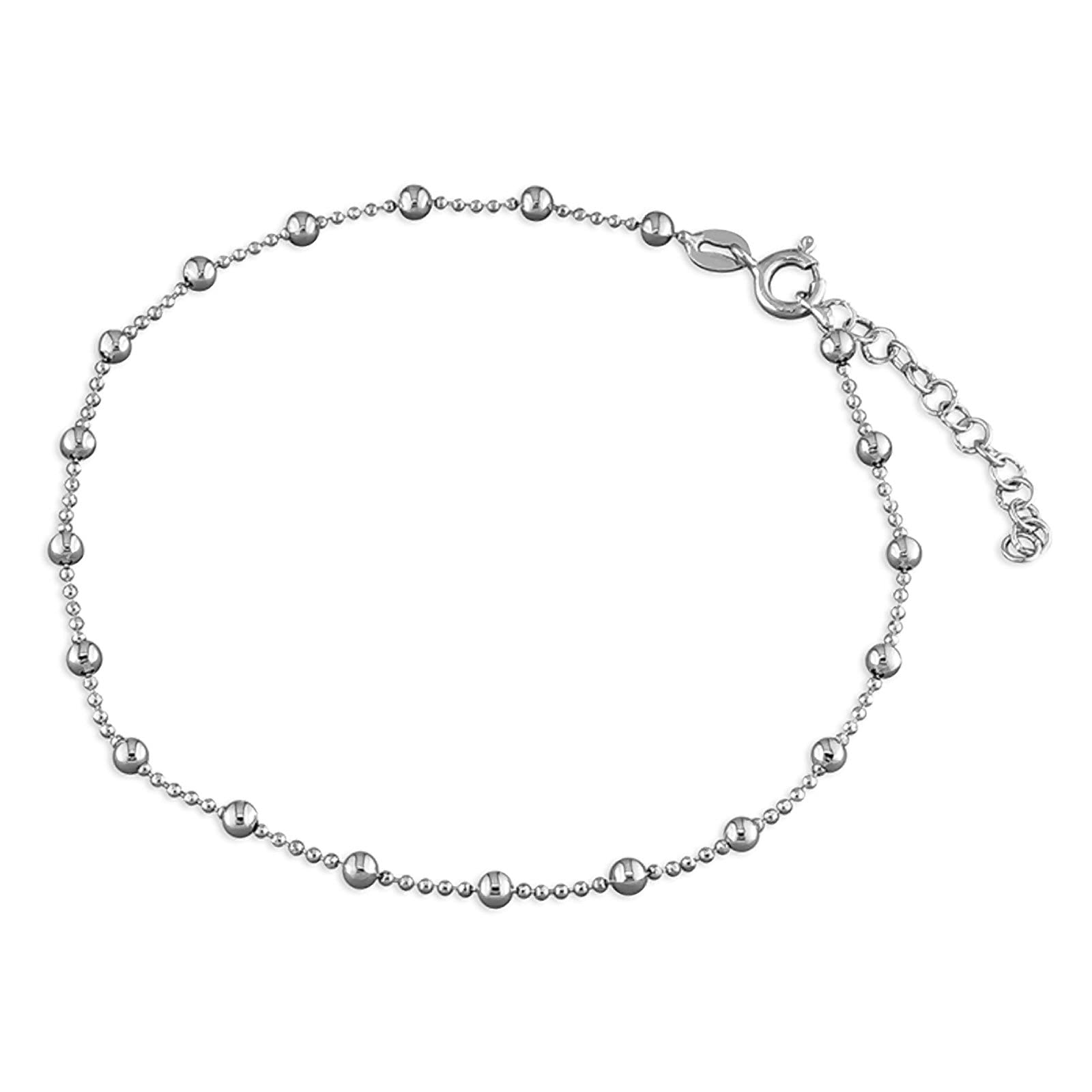 10.5 Inch Ball & Beaded Chain Link Sterling Silver Anklet/Ankle Bracelet/Ankle Chain - 925 Sterling Silver - Adjustable 9.5" to 10.5" Inches / 24 to 27 cm - Anklets for Women