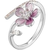 Kokoma Cherry Blossom Cubic Zirconia Ring for Women Adjustable Open Band Silver Plated Flower Statement Ring Promise Engagement Rings Wedding Band