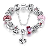 Bamoer Queen European Style Pink and Red Snow Murano Glass Bead Heart Dangle Snake Chain Charm Bracelet Jewelry 18cm/20cm/21cm