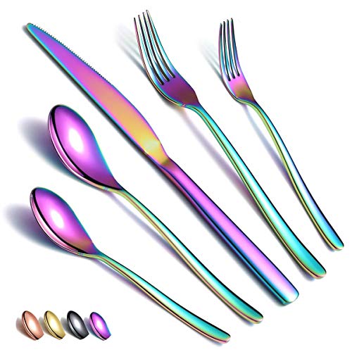 Rainbow Flatware Set 20 Pieces, Stainless Steel Colorful Silverware Set, Titanium Plating Rainbow Cutlery Set, Rainbow Utensil Sets Service Set for 4 (Shiny Rainbow)