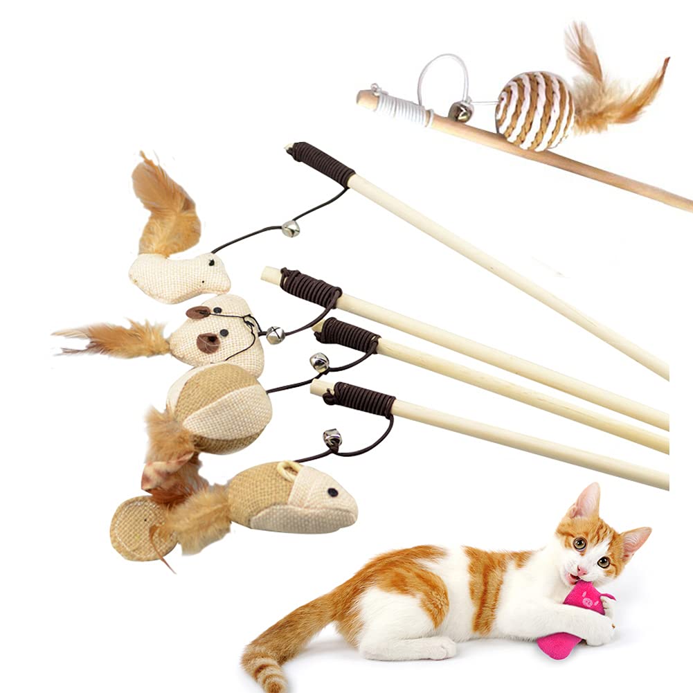 croselyu Cat Toy Feather, Interactive Cat Toy Set | 5 Natural Wooden Sticks, 5 Different Plush Toys, Natural Feathers, Plush Toys and Elastic Rope (style1)