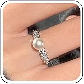 Aneneiceera Vintage Crystal Pearl Band Ring Half Open Cz Pearl Rings Silver Pearls Finger Rings Adjustable Statement Ring Jewelry for Women