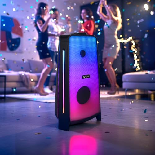 Aiwa Bocina Portátil Recargable 50W RMS, Bluetooth 5.3 con TWS, Doble Woofer de 5", Luces LED, Super Bass, Radio FM, Doble Entrada para Micrófono Karaoke, Pantalla LCD, Modelo AWPOK400LD Color Negro
