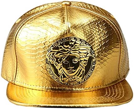 Cameinic HipHop Alligator Skin Leather Medusa Logo Cap Flat Bill Hat Golden