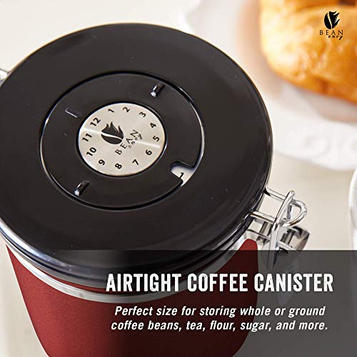 Bean Envy Airtight Coffee Canister - 16oz - Sealed Cantilever Lid with Co2 Gas Release Wicovalve & Numerical Day/Month Tracker - Stainless Steel Storage Vault for Whole/Ground Coffee Bean - Red