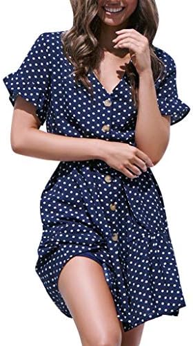 EUCoo Women's Dress Summer Dot Printed Button Short Sleeve Dress Casual Beach Dress