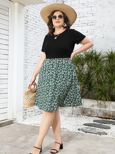 YOUNRUI WOMEN’S PLUS SIZE CASUAL SPRING DRESSES WITH POCKETS SHORT SLEEVE CREWNECK WOVEN&KNIT PATCHWORK FLORAL DRESS(2XL-1011-GN FLORAL)