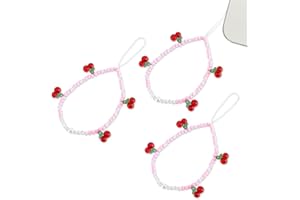 CRAFTYMELODY 3Pcs Cherry Phone Charms Handmade Exquisite Beaded Phone Lanyard Wrist Strap Pink Cherry CellPhone Chain Beaded 