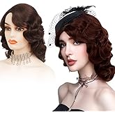Siudus 1920s Wigs for Women Brown Long Finger Wave Wig Vintage Curly Lady Hair Wig for Cosplay Costume Party Use