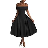 DinDinCAT Women's Off Shoulder Fit and Flare Midi Dress-Sleeveless A Line Corset Club Party Wedding Guest Going Out Dresses