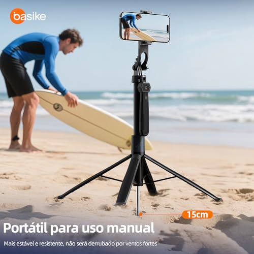 Basike Tripé para Celular 1,84m – Bastão de Selfie Dobrável Portátil com Controle Remoto, Rotação 360°, Base Quadrúpede Reforçada, Pau de Selfie com Parafuso 1/4" Compatível com Câmeras, GoPro/iPhone