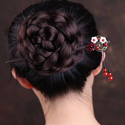 7inch- Wooden Hair Pin Chinese Lacquer Plum blossom Shell Hair Sticks Hairpin with Tassel Pearls Dangle Retro for Women Girls Long Hair Styling (Plum blossom)