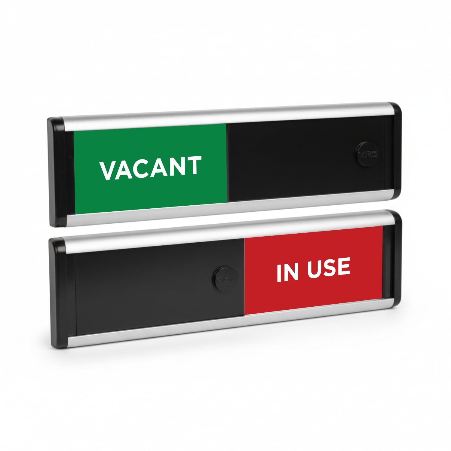 ViroDisplay® Vacant/In Use Sliding Door Sign – Green/Red Edition – 214 x 60mm – Anodised Silver Profile with Black End Caps – Self-Adhesive Fixing