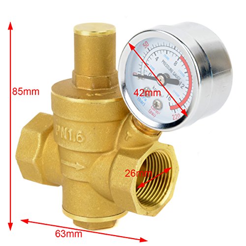 Pressure Reducing Valve 3/4 Adjustable Brass Water Regulator Valve Pressure Reducing with Gauge - Thumbnail 2