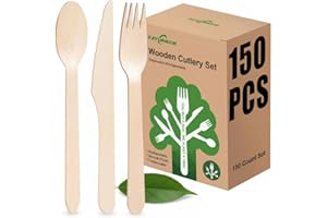 (150 Count) Disposable Wooden Cutlery Set - Alternative to Plastic Cutlery, Eco Friendly, Biodegradable, Compostable Cutlery 
