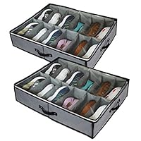 stylishom Under Bed Shoe Storage Organizers Fit 12 Pairs, Underbed Shoe Storage Containers Box Bags with Clear Cover,Reinforced Handles,Sturdy Zippers,Breathable Fabric Grey Set of 2