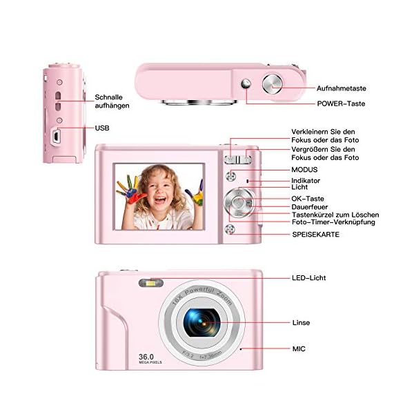 CLUINIGO Digitalkamera, FHD 1080P 36MP Pocket Vlogging Vidio Foto Kompaktkamera für YouTube mit 16-fachem Digitalzoom, 2… – Bild 8