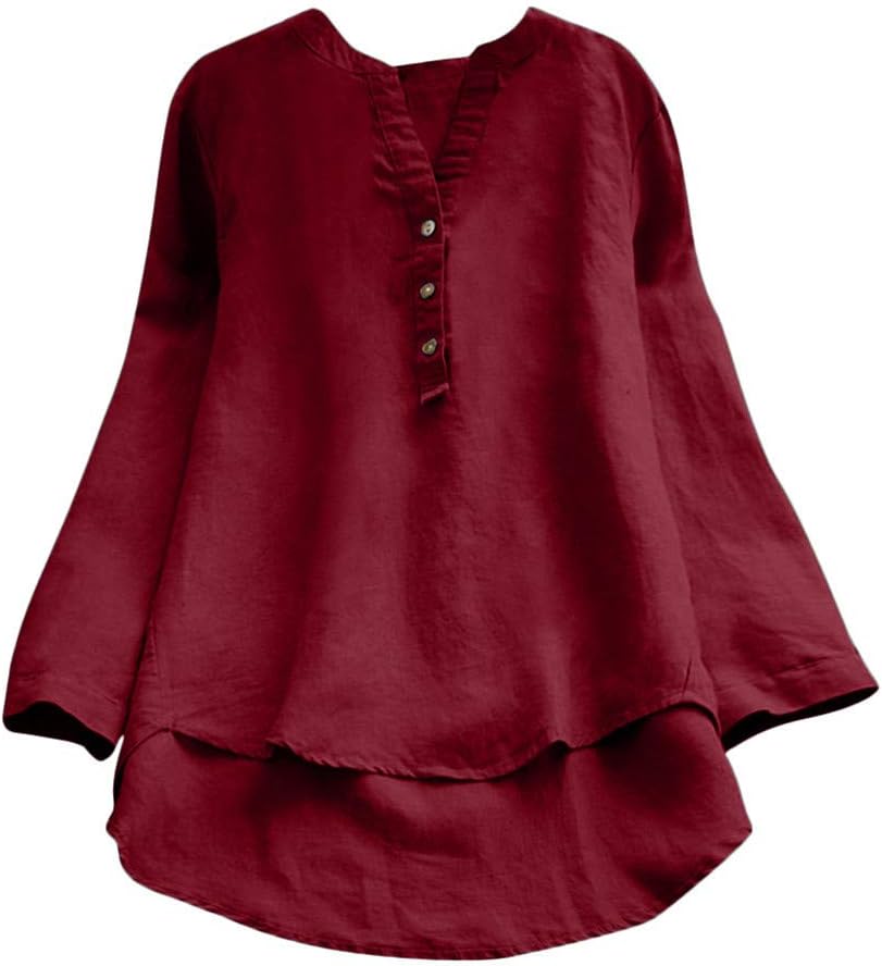 Womens Blouse Long Sleeve Vintage Loose Button Solid Tops Shirt Pullover
