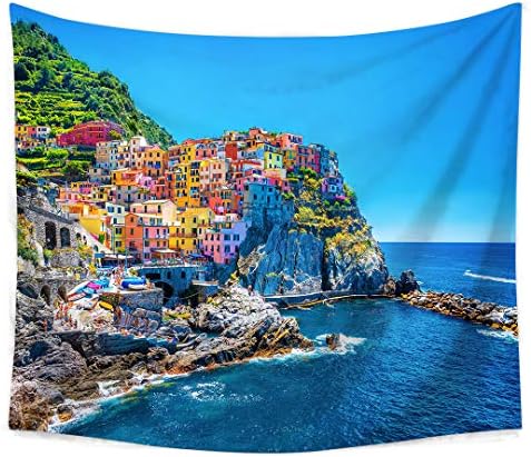Roslynwood Farm House Decor Tapestry, Italian Mediterranean House by Cliffs Dramatic Weather Sea Cinque Terre Print, Wall Hanging for Bedroom Living Room Dorm
