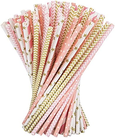TESCCI Paper Straws Drinking Decoration Straw for Birthday, Wedding, Christmas, Celebration Parties, Gold and Pink, 100 Pack
