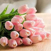 Homyu Artificial Tulips Single Stem PU Touched 10 Pcs Arrangement Bouquet with Glorious Moral for Home Office Wedding Parties (Pink)