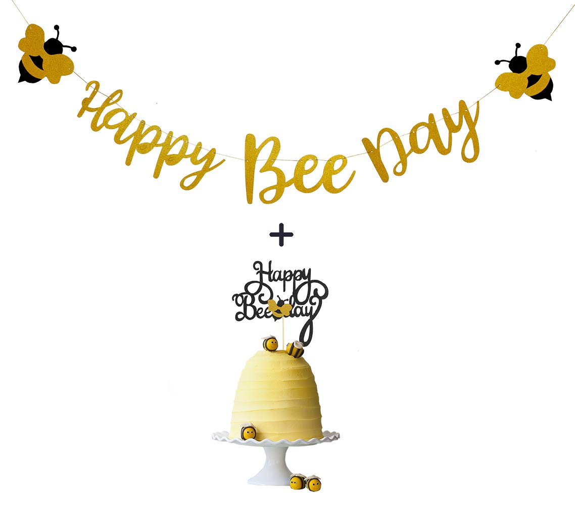 Happy Bee Day Banner and Gold Glitter Happy Bee Day Cake Topper for Bumble Bee Themed Birthday Party Supplies by Topfunyy