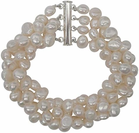 White Baroque Cultured Pearl Four Strand Chunky Bracelet (Twist To Desired Length) With 925 Silver Clasp