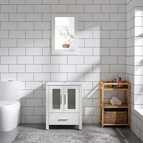 Homecart 24" White Bathroom Vanity Cabinet with Marble Pattern Top Vessel Sink Mirror Faucet and Drain