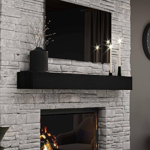 Photo 1 of BoscoMondo Fireplace Mantel, Handcrafted Rustic from Solid Pine, Wall-Mounted Floating Farmhouse Shelf - 8x6x66 Deep Black