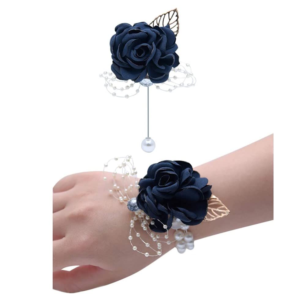 Voarge Rose Wrist Corsage and Boutonniere Set, Ribbon Flower Bracelet Silk Rose Boutonniere Set for Wedding, Bridal Shower, Prom, Bridesmaid, Dark Blue