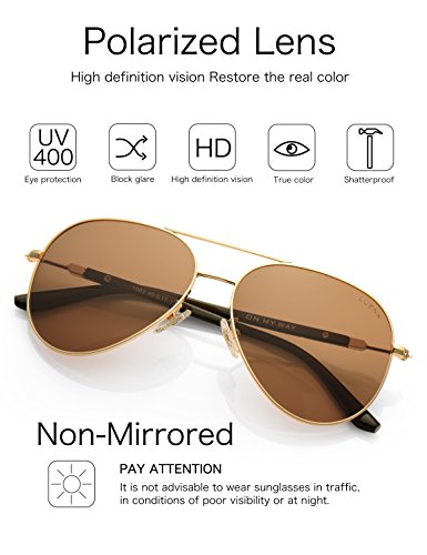 LUENX Aviator Sunglasses Mens Womens Polarized Brown Lens Gold Metal Frame Large 60mm