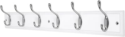 DOKEHOM 6 Satin Nickel Hooks on White Wooden Board Wall Mounted Rack