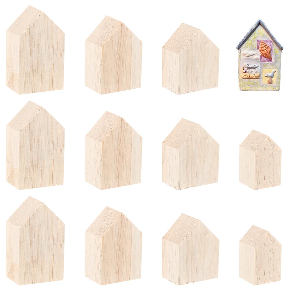 OLYCRAFT 12Pcs Unfinished Wooden House Shaped Blocks 4 Sizes Small Arrow Shape Wooden Blocks Wood Tray Plates Tiny Blank Wood Cutouts Farmhouse for Home Kitchen Office Shelf Coffee Bar Decor