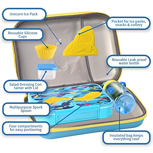 3D Shark Lunch Box Kids Bento Box Insulated Lunch Bag with Ice Pack Water Bottle Silicon Cap Spoon Salad Container Durable Water-Resistant Back to School Supplies for Ideal Boys Age 7-12