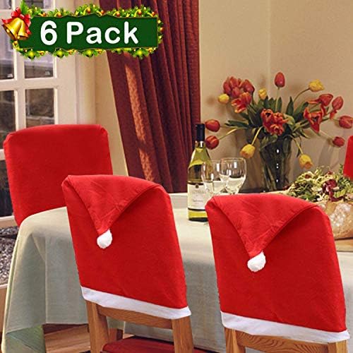 Christmas Chair Back Cover Set of 6, Santa Clause Red Hat Slipcovers Kitchen Chair Cap Sets Xmas Decoration for Dinning Room Christmas Banquet Holiday Festival Decor