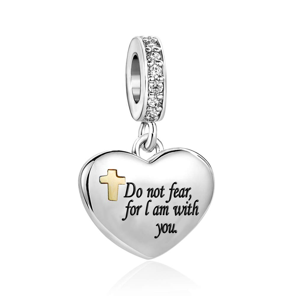 Gold Cross Bible Verse Love Heart Dangle Charm Compatible with Pandora Charms Bracelets Do Not Fear for I am with You Isaiah 41:10