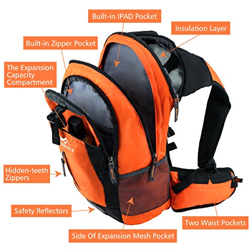 Hiking Insulated Hydration Backpack Pack with 2.5L BPA FREE Water Bladder- Keeps Liquid Cool up to 4 Hours, Lightweight Daypack For Hiking Running Cycling Camping School Commuter, 18L Orange
