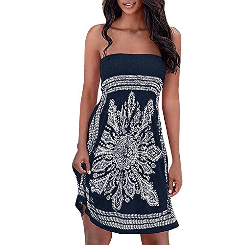 Womens Summer Strapless Boho Print Sleeveless Mini Dress Casual Loose Tank Cover-ups Party Dresses Beach Sundress Navy