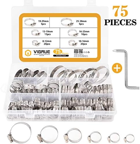 VIGRUE 75PCS Hose Clamps Assortment 100% 304 Stainless Steel Adjustable Worm Gear Hose Clamps with Wrench, Fuel Line Clamp for Plumbing Automotive and Mechanical Applications (8-38mm Range)