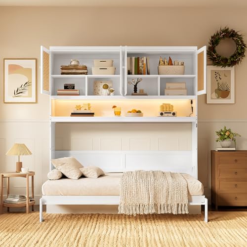 Merax Twin Size Horizontal Murphy Bed Frame with Storage & Light (White)