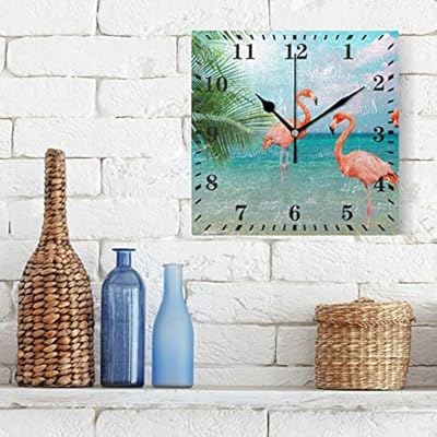 Wall Clock Flamingo Beach Decorative Haning Clock Silent Non Ticking Square Clock for Living Room Kitchen Bedroom 51ms9zZg01L