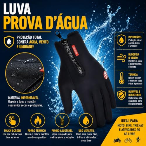 Luva Térmica Moto e Bike, Luva Impermeável, Touchscreen Antiderrapante | Proteção Contra Vento, Frio Intenso Unissex de Corrida, Trilha, Moto, Bike, Uso diário, Compatível com Celular - Premium