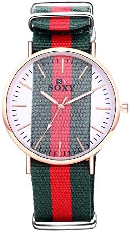 Fashion Gents Watch Ladies Watch Simple Nail Scale Canvas Cloth Strap Analogue Quartz Wrist Watches for Men Women, Red Green Stripe