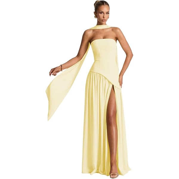 Amazon.com: Women's Chiffon Tube Top Wedding Bridesmaid Dress with Scarf  Strapless Corset High Slit Formal Evening Party Gowns Aquamarine 0 :  Clothing, Shoes & Jewelry