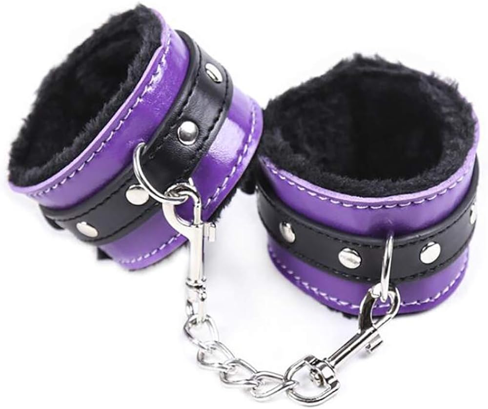 Soft And Comfortable Purple Leather Black Plush Handcuffs And Legcuffs