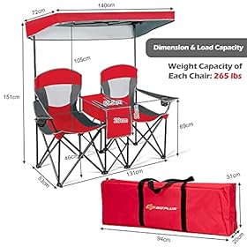 Safstar Double Camping Chair w/Shade Canopy, 2-Person Folding Camp and Beach Chair with Mini Table Beverage Cup Holder… 51msGHrwkFS