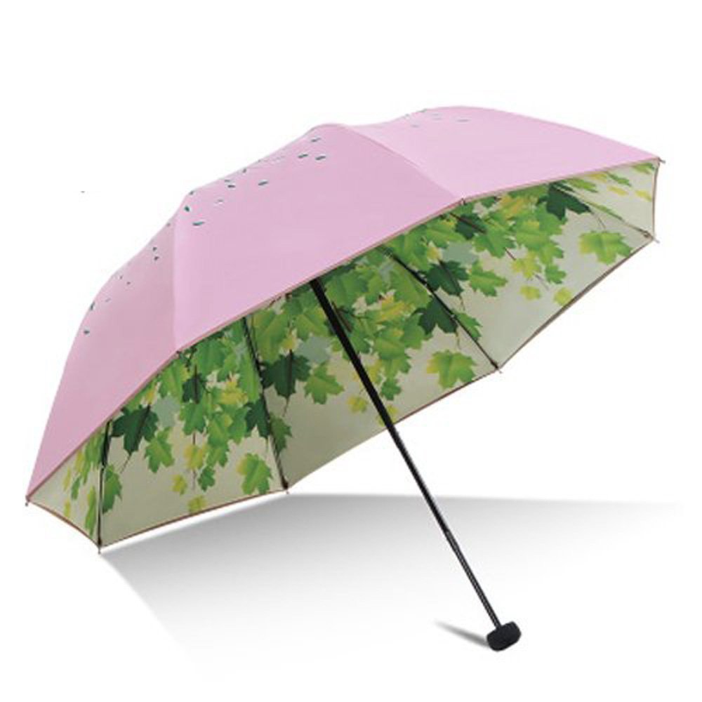 SudaTek Green Tree Leaf Folding Travel Sun Umbrella Double Layer Sunblock UV Protection UPF 50+ Rain Resistant Compact Size Parasol Fold into Pocket (Pink)